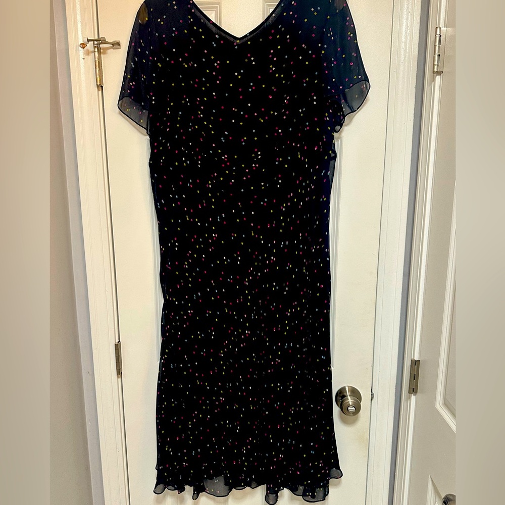 Black fully lined, silk dress, pastel confetti polka.